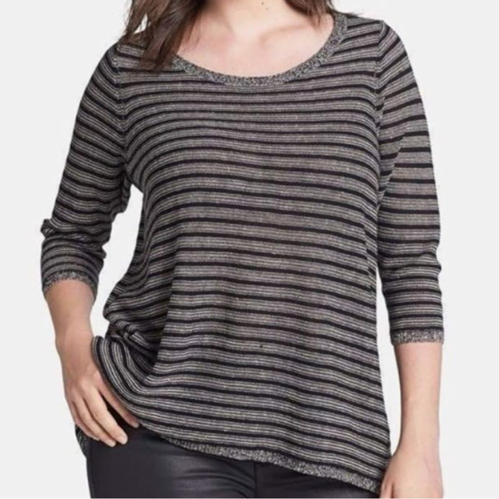 Eileen Fisher 100% Organic Linen Jersey Charcoal Striped Knit Top Trapeze Size S